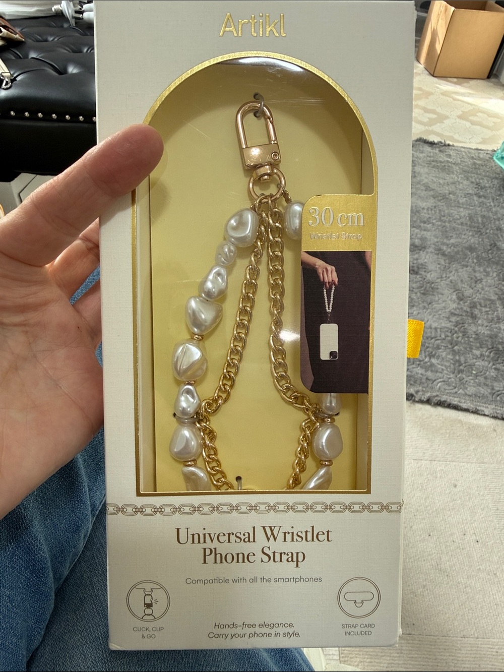 Artikl Universal Wristlet Phone Strap - Gold Chain with Pearl Accents